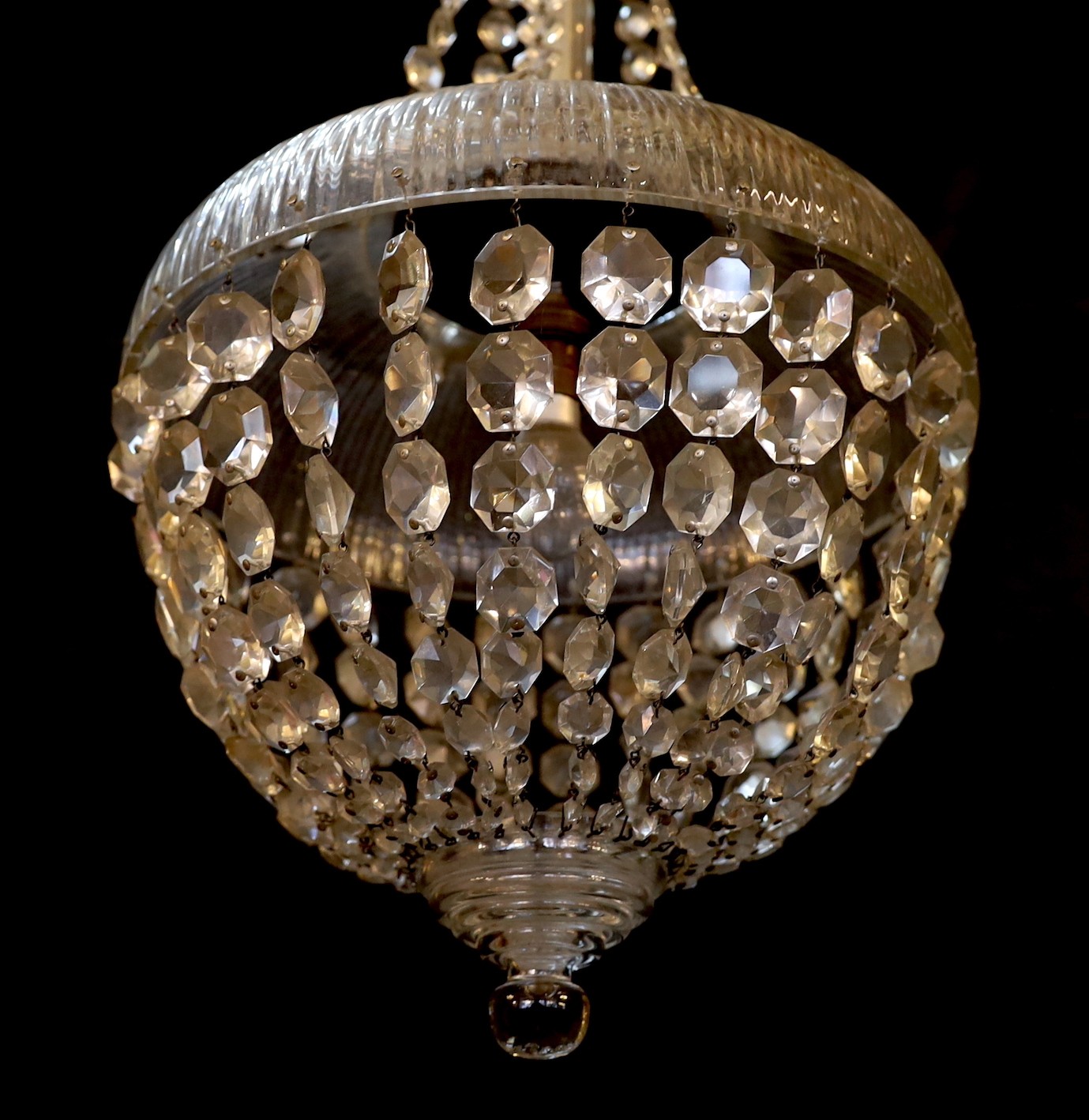 A 1920s-30s English cut glass bag chandelier hung with octagonal beaded drops, drop 76cm